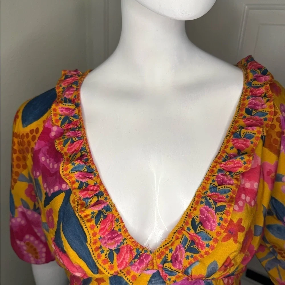 FARM Rio Floral Yellow and Pink Puff Sleeve Crop Blouse